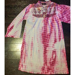 Cotton Tye Dye Long Blouse with Block Print Neck Detail